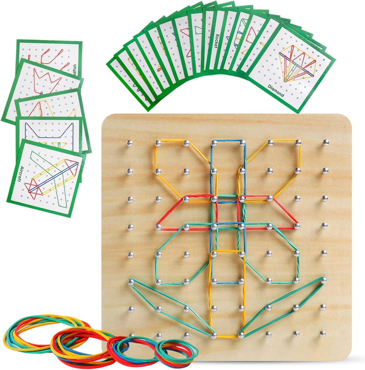 Skrtuan Wooden Geoboard with Pattern Cards & Rubber Bands, Montessori STEM Educational Toy for Kids 3-5 5-8 Years Old, Brain Teaser Puzzle Game for Geometry Learning and Creative Shapes