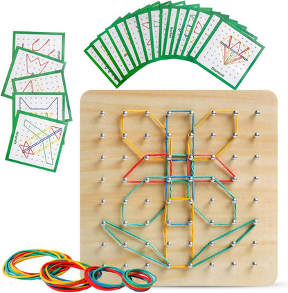 Skrtuan Wooden Geoboard with Pattern Cards & Rubber Bands, Montessori STEM Educational Toy for Kids 3-5 5-8 Years Old, Brain Teaser Puzzle Game for Geometry Learning and Creative Shapes