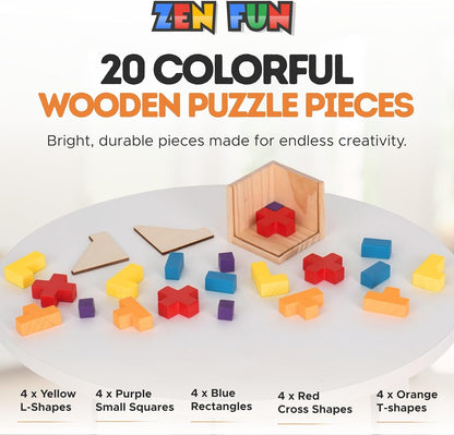 Zen Fun Wooden Brain Teaser Puzzle Cube - Montessori Toy Colorful Cube Puzzle for Kids Ages 5-7 and Easy Mind Puzzle for Adults - 20 Pieces