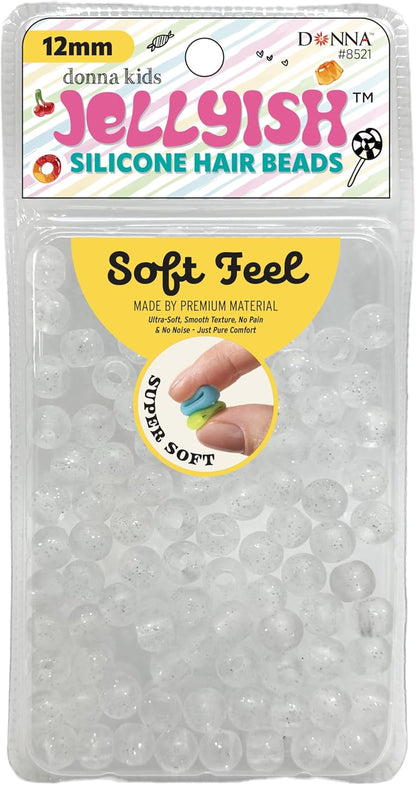 Donna Kids Jellyish Silicone Hair Beads – 12mm Super Soft Noiseless Beads for Braids, Ponytails & Kids Hairstyles – with Threading Tool Pain-Free, Flexible & Tangle (Clear Mix)