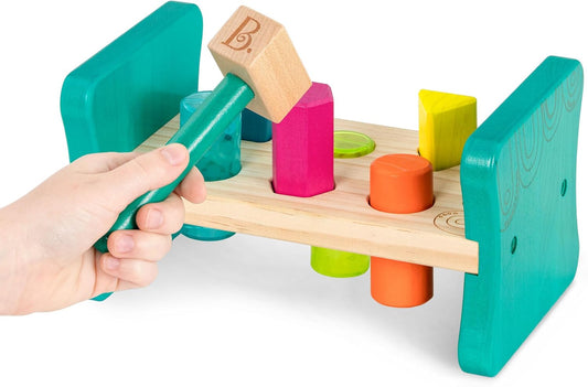 B. toys – Wooden Shape Sorter – Pounding Bench for Shape Sorting – 6 Pegs & Toy Hammer – Classic Toys for Toddlers, Kids – 2+ Years – Colorful Pound & Play