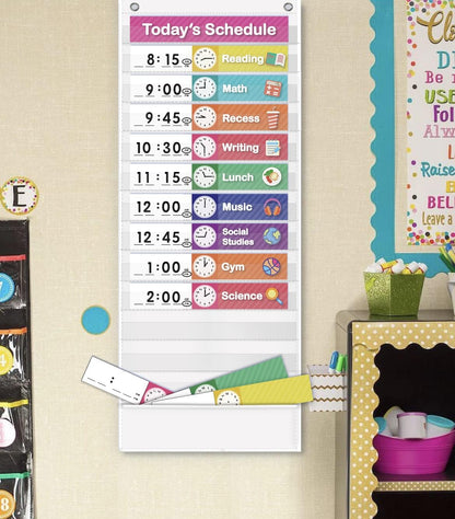 Eamay Daily Schedule Pocket Charts, Teaching Chart, Hoom, Eamay Daily Scheduling Pocket Chart with 13+1 Pockets, 18pcs Dry Erase Cards and 2 Hooks (Black-2)