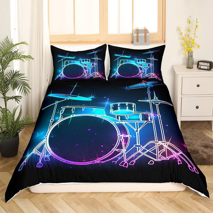 Drum Kit Duvet Cover,Kids Musical Instruments Bedding Set,Rock Music Comforter Cover for Boys Girls Room Decor,Neon Lighting Lightweight Bedspread Cover Twin Size with 1 Pillow Case(No Comforter)