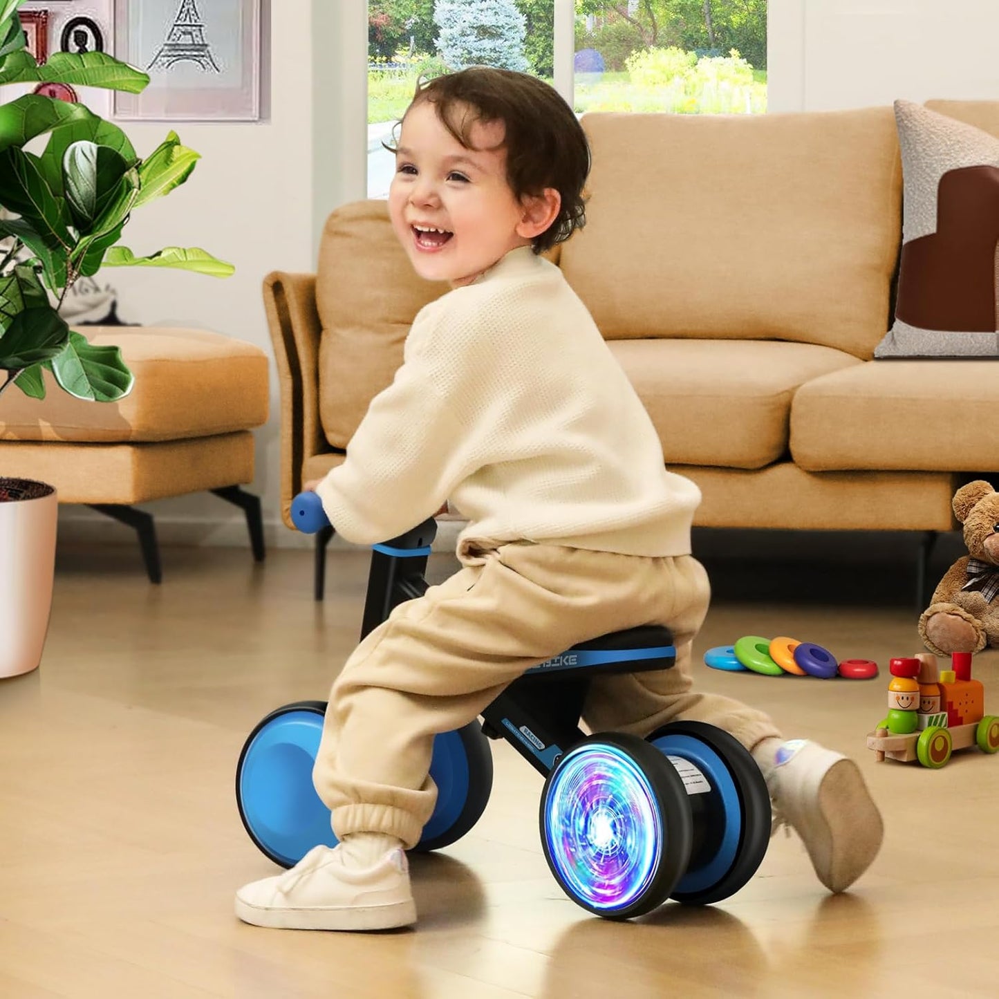 ESPRAY Colorful Lighting Baby Balance Bike Toys for 1 Year Old Girls Gifts, Toddler First Bike 12-24 Months with Adjustable Soft Seat, 4 Silent Wheels Ride on Toy, Perfect First Birthday Gift