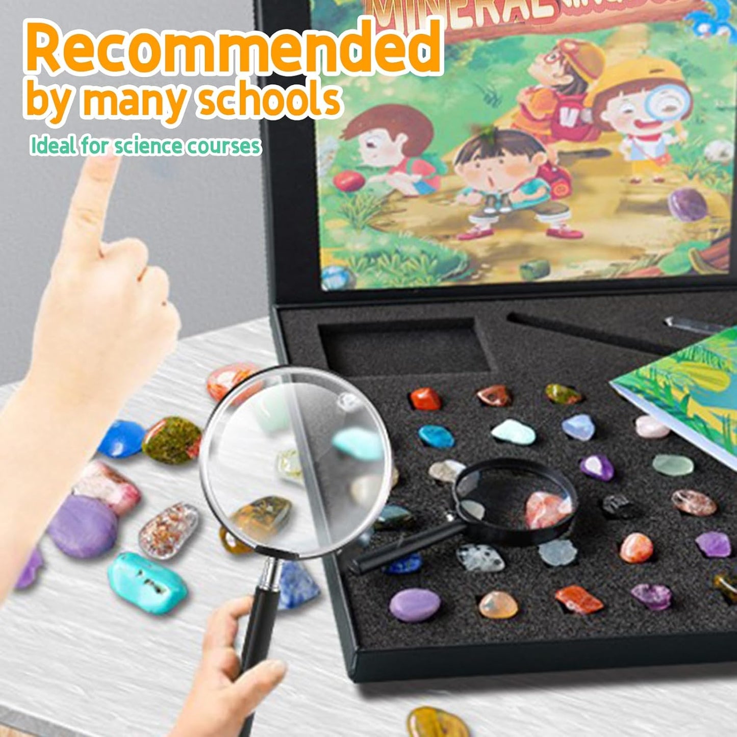 43 Pieces Rock Kit for Geology Enthusiasts | Rock Collection with Mineral Testing Tools, Crystal Geode Display & Volcanic Samples | Beginner to Advanced Specimen Study