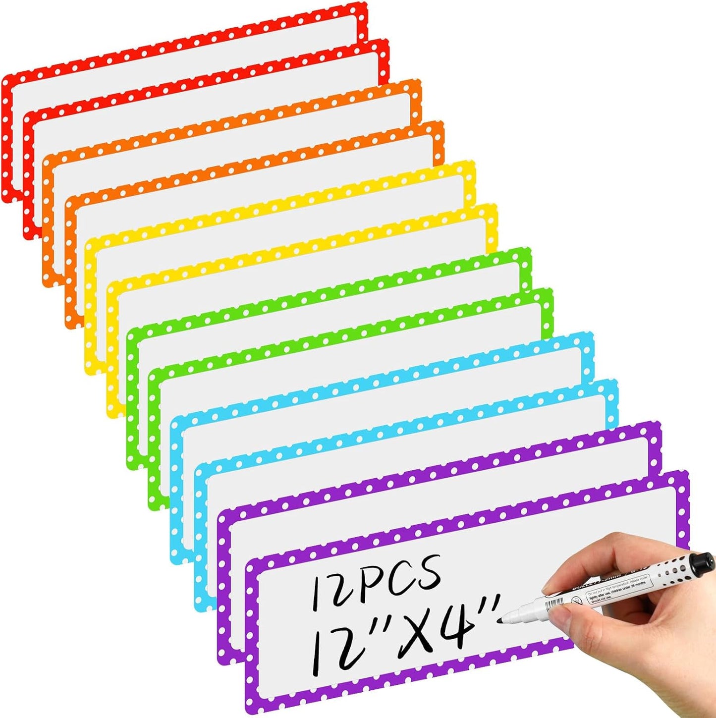 Janlaugh 12 Pcs Large Magnetic Dry Erase Labels for Classroom, 12 x 4 Inch Rectangle Magnetic Name Plates Label Flexible Magnet Stickers for Whiteboards Refrigerator(Rainbow Color,Style 1)