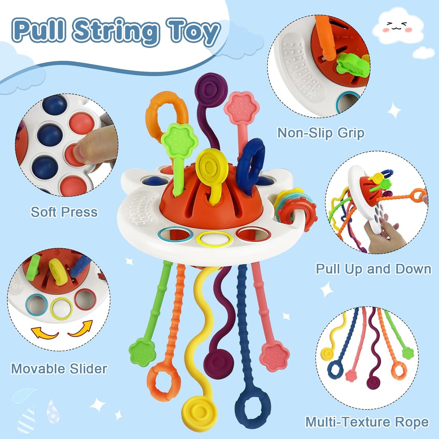 6 in 1 Montessori Toys for Babies 6-12 Months Up - Incl Pull String Toy, Stacking Cups, Tissue Box, Suction Cup Spinner, Stacking Blocks,Activity Cube, Baby Toys for 1 2 3 Year Old
