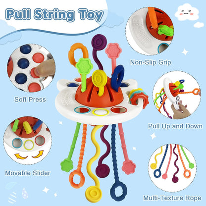 6 in 1 Montessori Toys for Babies 6-12 Months Up - Incl Pull String Toy, Stacking Cups, Tissue Box, Suction Cup Spinner, Stacking Blocks,Activity Cube, Baby Toys for 1 2 3 Year Old