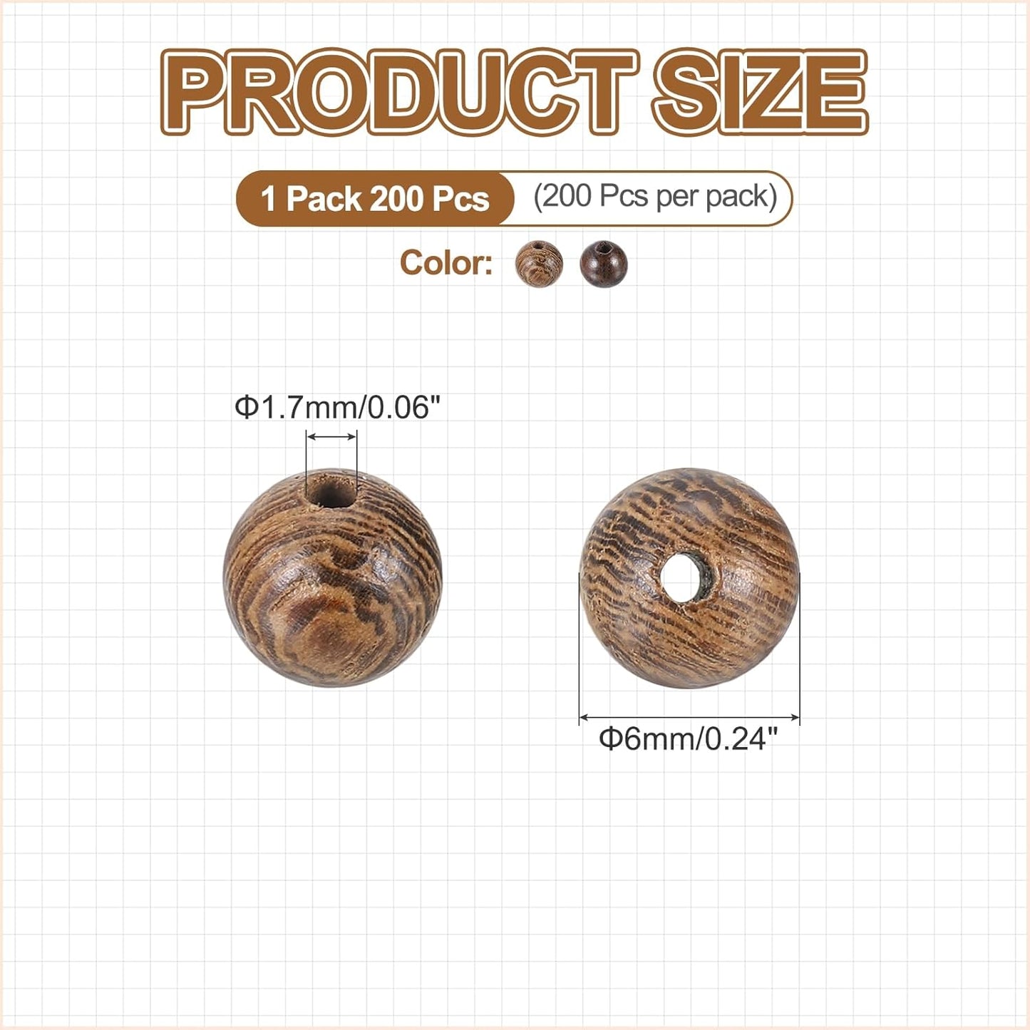 HARFINGTON 200pcs Round Wooden Beads, 10mm Dia Small Wood Beads for DIY Crafts, Bracelet, Wristlet, Necklace, Jewelry Making, Khaki Brown&Black