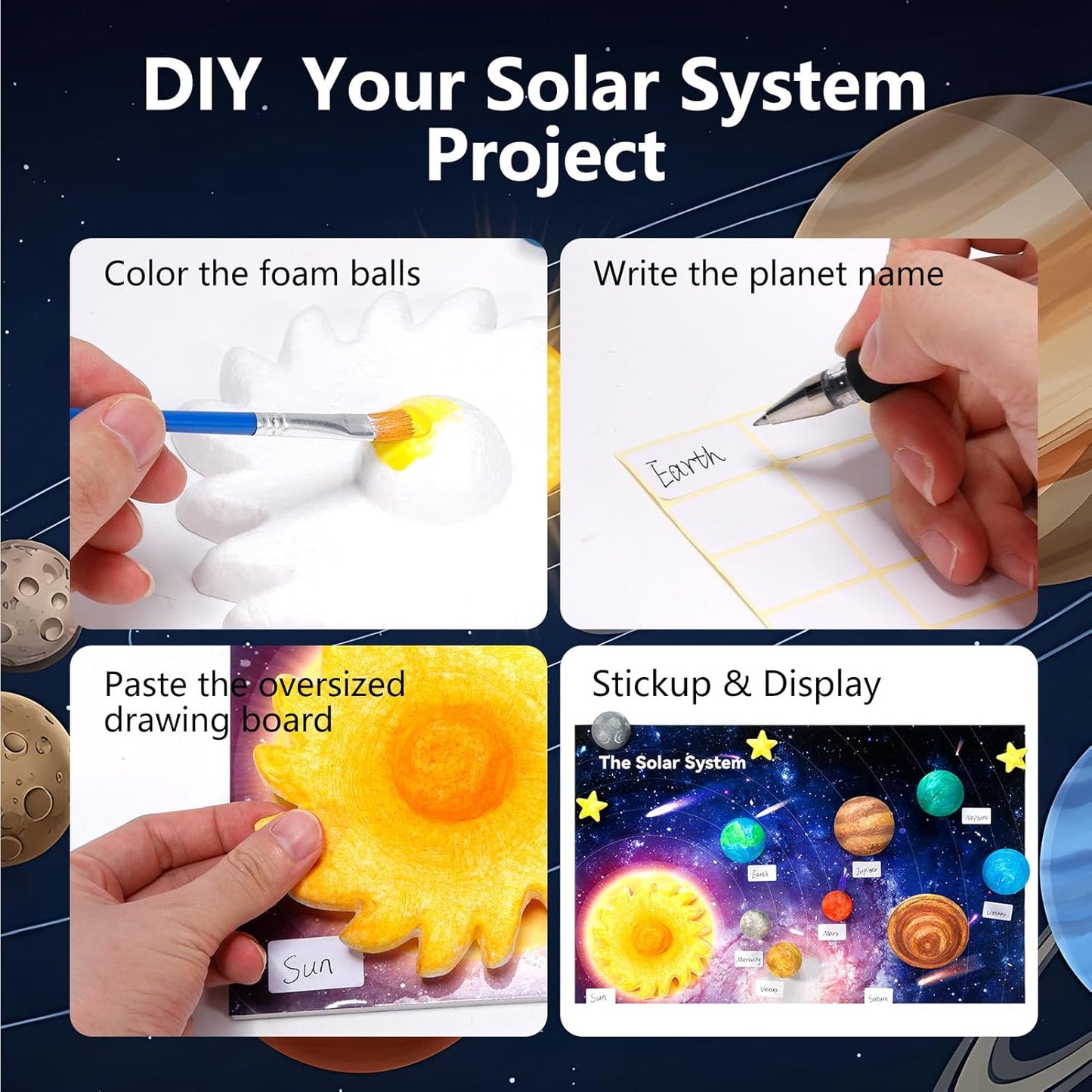 Pllieay Solar System Model Foam Ball Kit Includes 14PCS Mixed Sized Polystyrene Spheres Balls, 12PCS Bamboo Sticks, 12 Color Pigments, 2PCS Painting Brushes for School Science Projects
