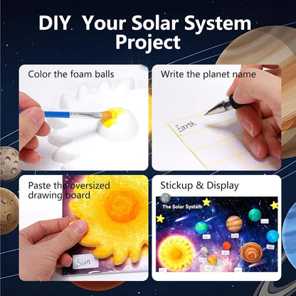 Pllieay Solar System Model Foam Ball Kit Includes 14PCS Mixed Sized Polystyrene Spheres Balls, 12PCS Bamboo Sticks, 12 Color Pigments, 2PCS Painting Brushes for School Science Projects