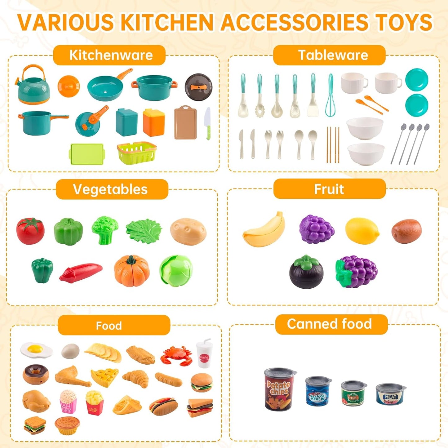 60Pcs Kids Mini Play Kitchen Accessories, Pretend Cooking Play Set with Cookware, Tableware & Fruit & BBQ Sets, Learning Gift for Boys, Girls, Toddlers,Yellow