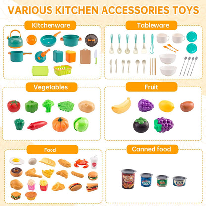 60Pcs Kids Mini Play Kitchen Accessories, Pretend Cooking Play Set with Cookware, Tableware & Fruit & BBQ Sets, Learning Gift for Boys, Girls, Toddlers,Yellow