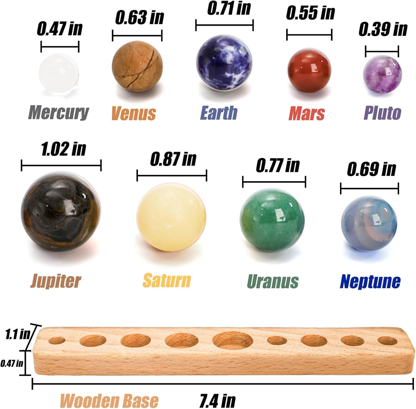 ZENFUN Nine Planets in Solar System with Wooden Stand, Natural Gemstones Sphere Solar System Model Kit, Planet Marbles, Space Themed Bedroom Decor, Best Birthday Science Astronomy Gifts