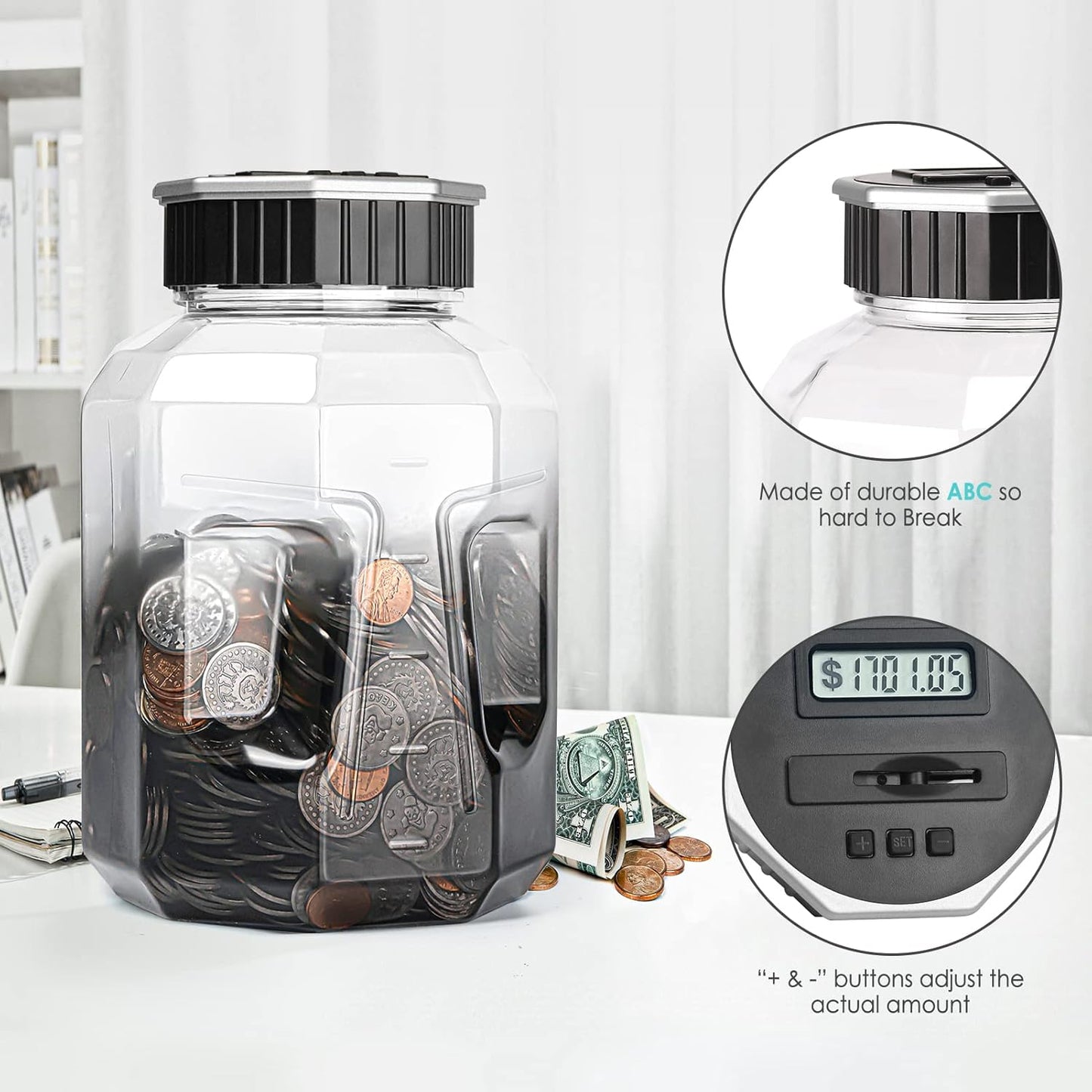 X-Large Piggy Bank for Adults Kids, Vcertcpl Digital Coin Counting Bank with LCD Counter, 2.4L Capacity, Great Coin Counter Bank Money Counting Jar with Total Amount Displayed, Bank for All US Coins