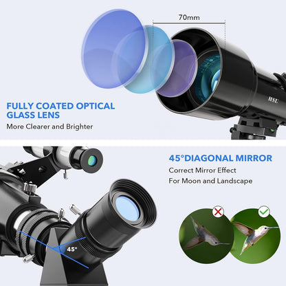 HSL70400 Telescope for Kids 8-12,Telescope for Adults high Powered,70mm Aperture 400mm Focal Length Refractor Astronomy telescopes Kids 5-7 6 Year Old White