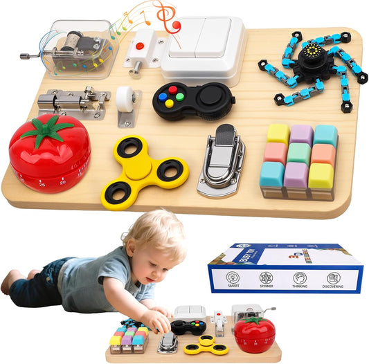 Busy Board Toy for Toddlers, 11 in 1 Wooden Montessori Educational Fidget Sensory Toy for Stress Relief, Activity Board Desk Gadget for Kids Preschool Learning, Car Airplane Travel Birthday Gift 11"