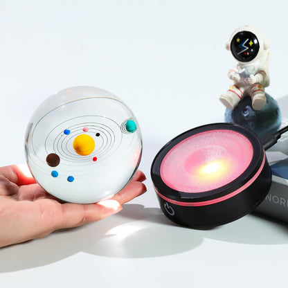 YWHL 3D Solar System Crystal Ball 80mm with Light Base, Laser Engraved Glass Planet Solar System Model Sphere Night Light Decor Space Universe Astronomy Gifts for Women Men Teens Boys and Girls