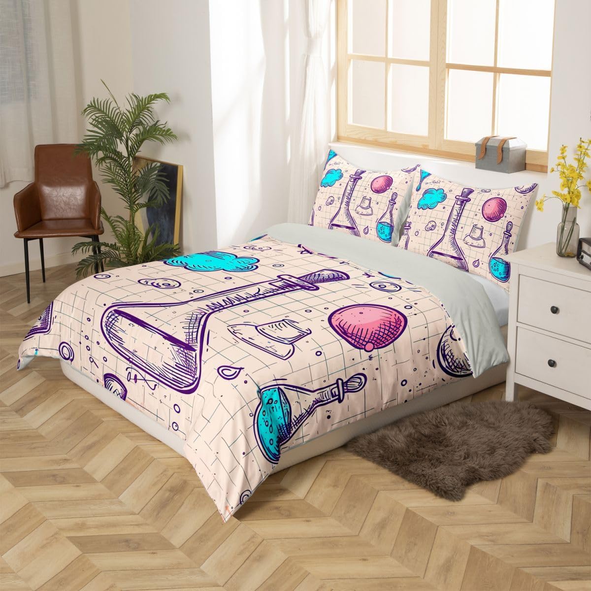 Erosebridal Chemistry Lab Bedding Set Twin Size Chemical Equation Duvet Cover for Boys Girls Chemical Elements Science Theme Comforter Cover Teens Kids Science Students Bedding School Dorm Room Decor