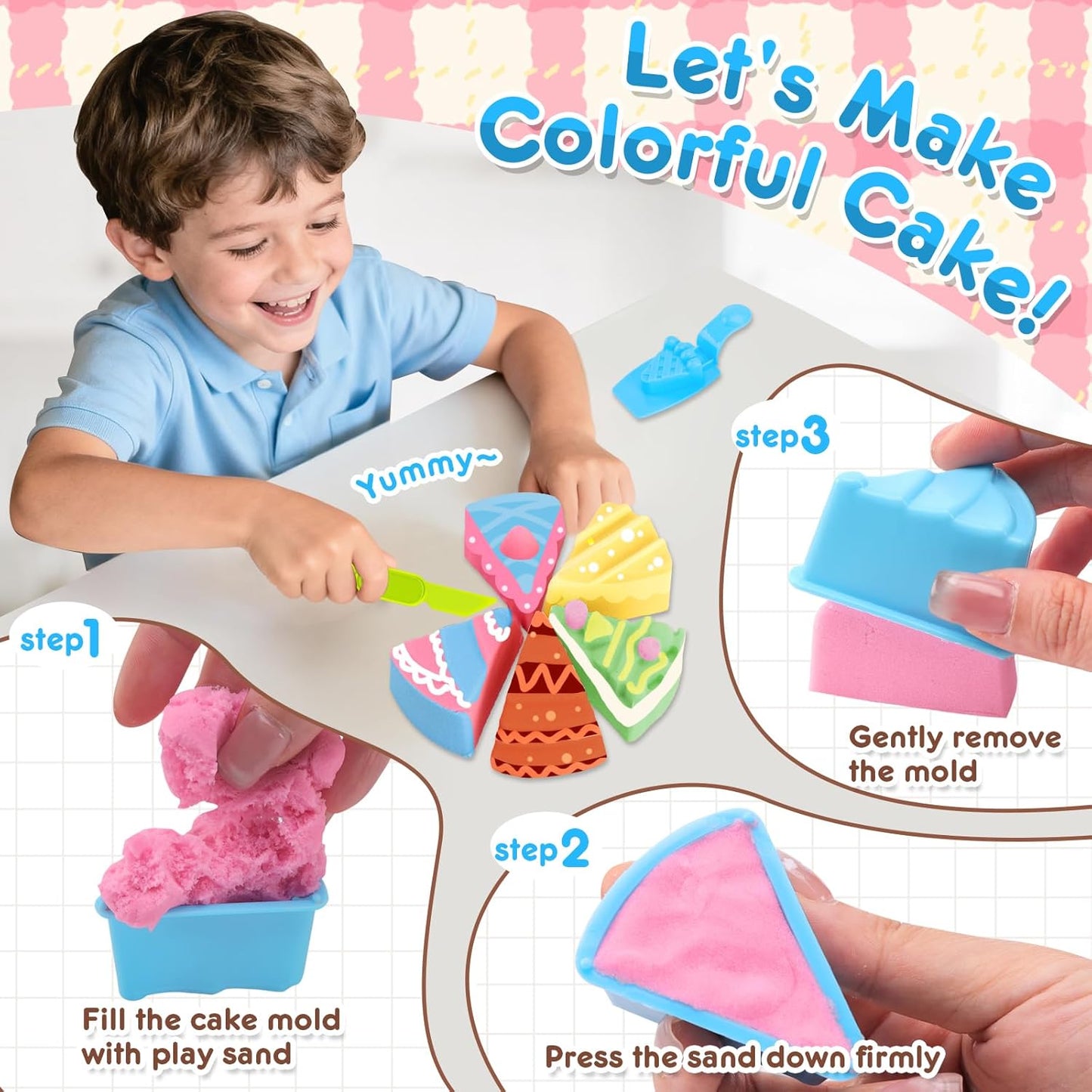 Crelloci Cake Play Sand Toys, Sensory Bin with 3 Colors Sand, Inflatable Sandbox & Air Pump, 12 Cake & 5 Shaped Molds, Tools, Art Kit Gift for Kids Toddlers Girls Boys Ages 3 4 5 6 7 8 9 Years Old