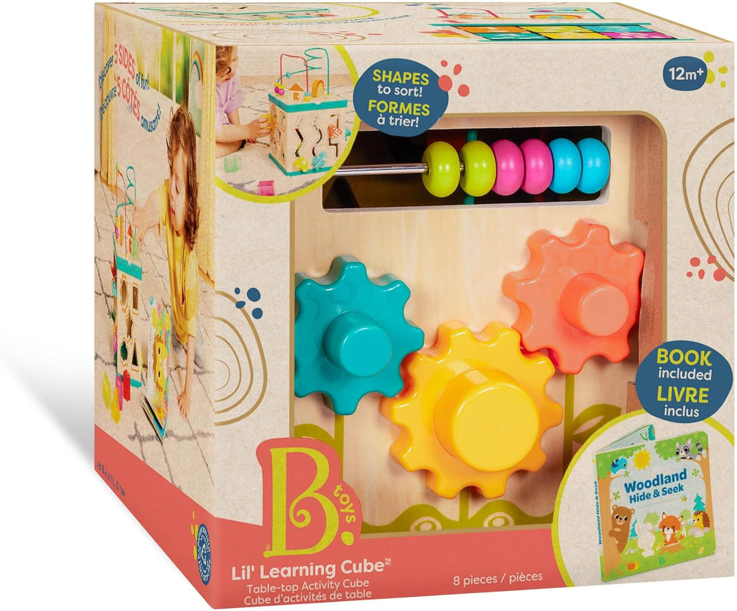 B. toys – Tabletop Activity Cube – Educational Storybook Included – Wooden Shape Sorter, Bead Maze, Animal Tiles – Top Flips for Compact Storage – 12+ Months – Lil' Learning Cube