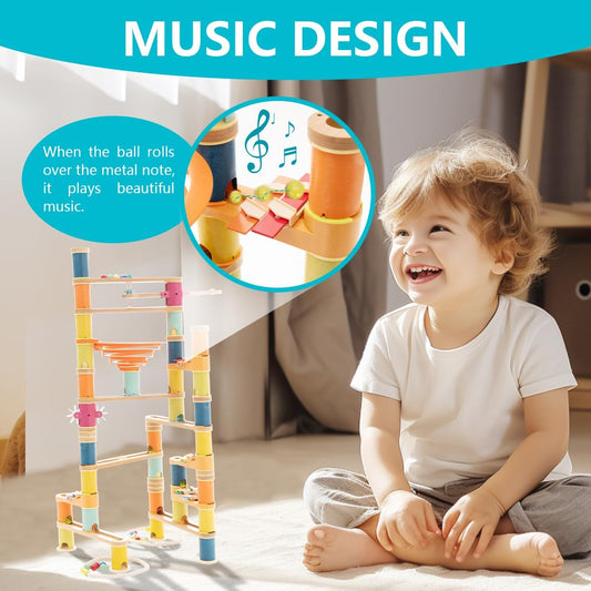 Bamboo Marble Runs Building Construction Toy Set with Musical Ball, 146pcs Simple Maze for Children Age 4+