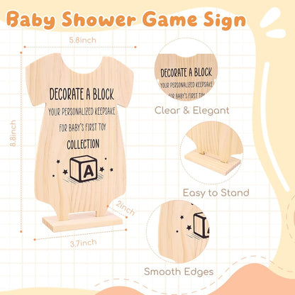 79 PCS Baby Shower Game Kit, Fun Baby Shower Blocks Decorating Game Includes 52 Wooden Blocks, 24 Markers, 1 Game Sign, 1 Storage Box and 1 Pattern Guide, Suitable for Boys and Girls, Natural Wood