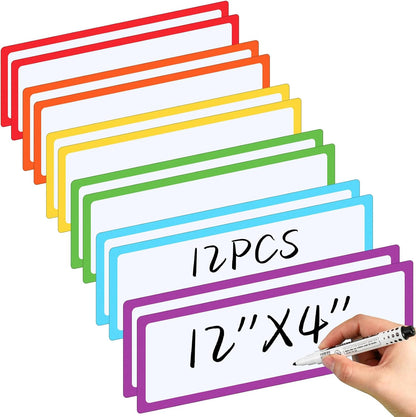 Janlaugh 12 Pcs Large Magnetic Dry Erase Labels for Classroom, 12 x 4 Inch Rectangle Magnetic Name Plates Label Flexible Magnet Stickers for Whiteboards Refrigerator(Rainbow Color,Style 1)