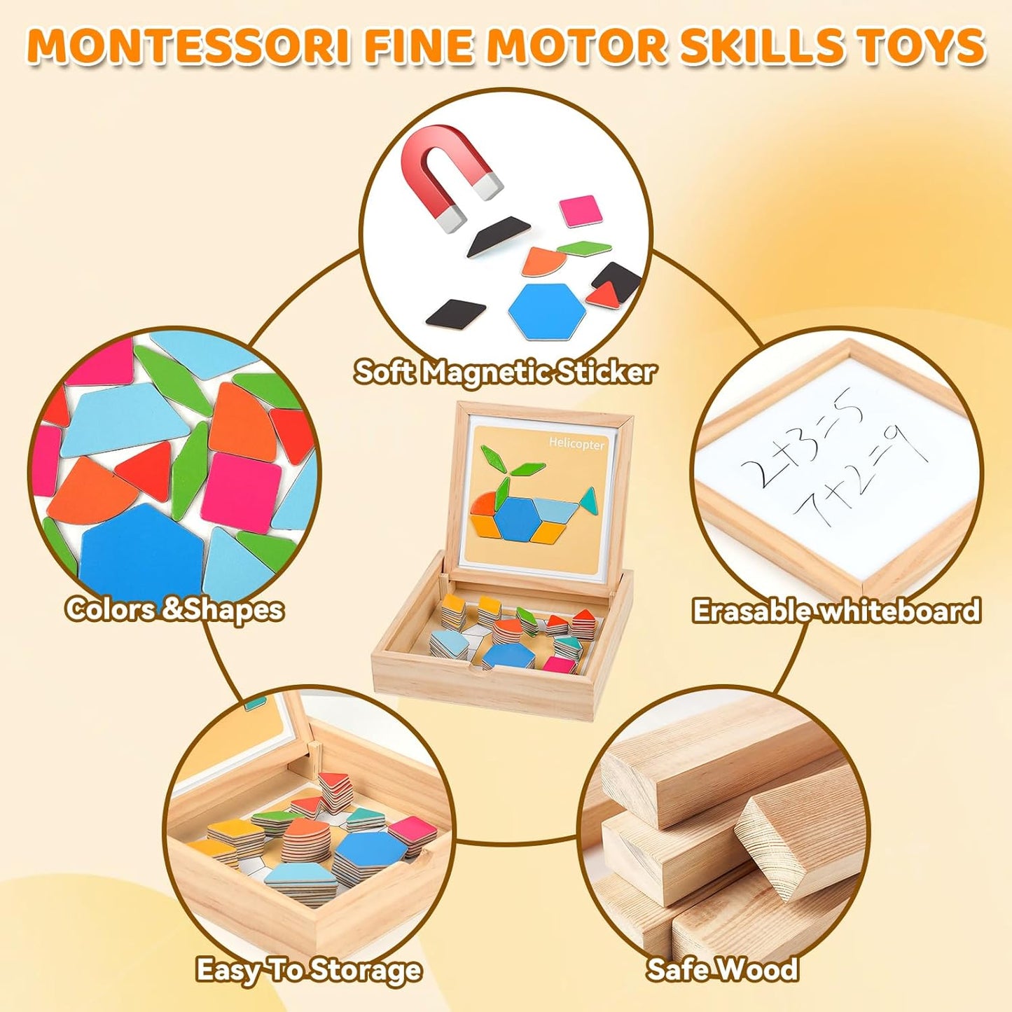 Wooden Magnetic Pattern Blocks Set, 130 PCS Montessori Tangram Puzzle with Design Cards, STEM Educational Learning Toys for Toddlers & Kids Ages 4-8, Creative Gift for Boys & Girls