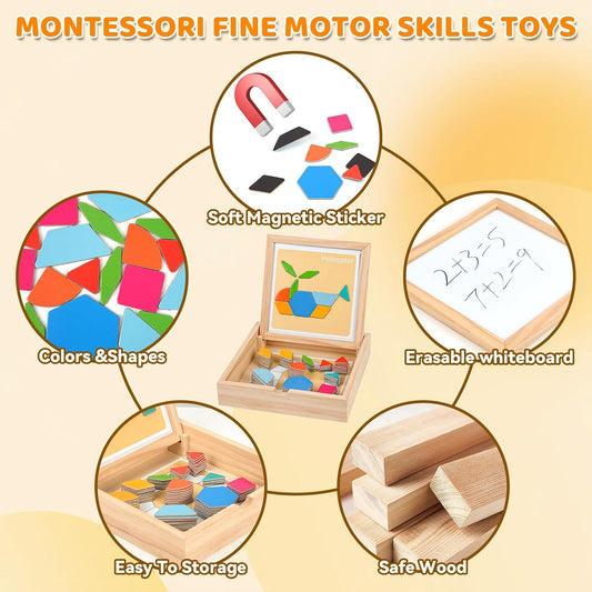 Wooden Magnetic Pattern Blocks Set, 130 PCS Montessori Tangram Puzzle with Design Cards, STEM Educational Learning Toys for Toddlers & Kids Ages 4-8, Creative Gift for Boys & Girls