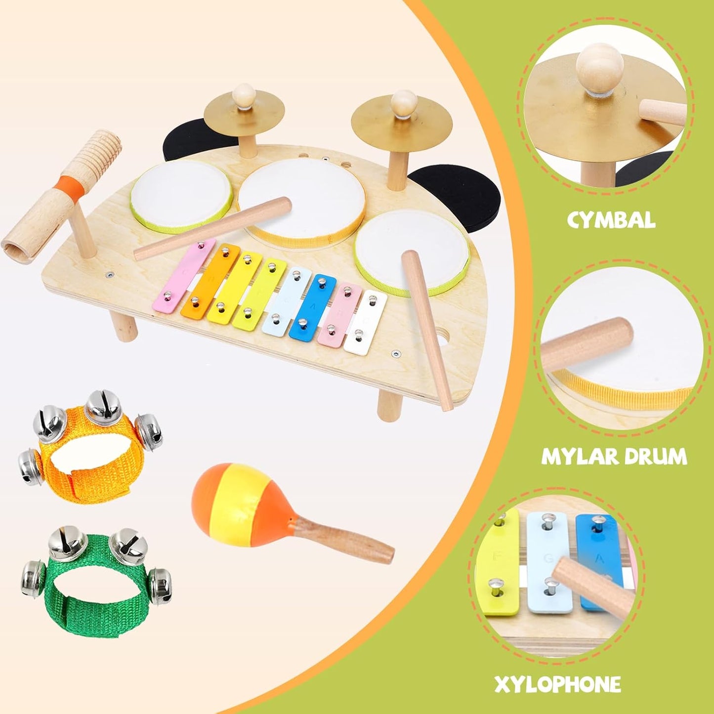 Kids Drum Set, Montessori Musical Instruments for Toddlers 1-6, Wooden Toys Montessori Music Table, Xylophone Drum Kit, Birthday for Boys Girls