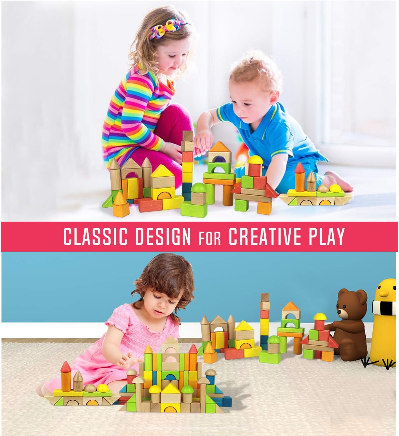Migargle Wooden Building Blocks Set for Kids - Stacker Stacking Game Construction Toys Set Preschool Colorful Learning Educational Toys - Geometry Wooden Blocks for 3+ Year Old Boys & Girls