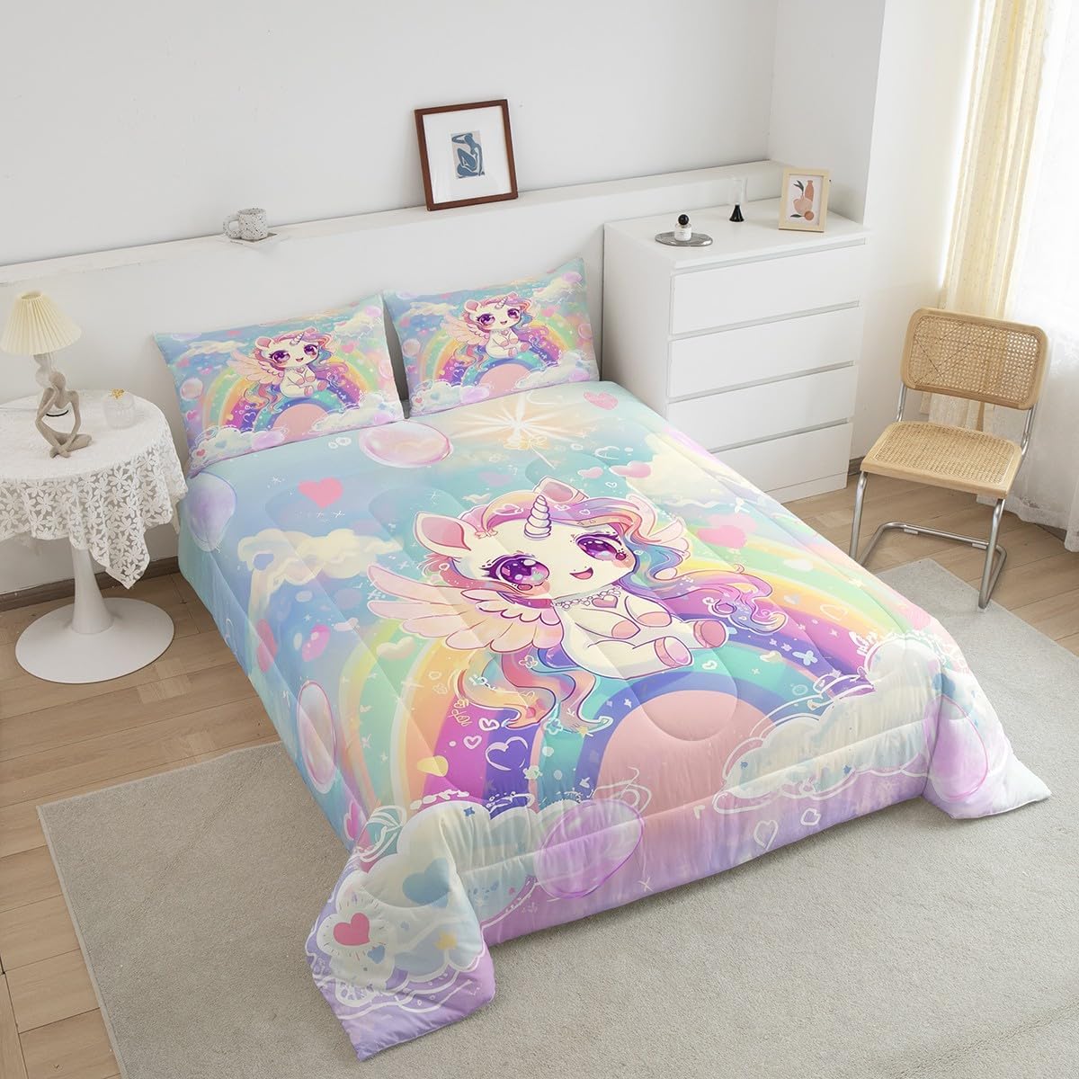 Castle Fairy Drum Kit Comforter Set,Musical Instruments Bedding Set for Kids Girls Women,Adults Rock Music Comforter,Neon Lighting Quilted Duvet Set Bedroom Collection Twin Size 2Pcs