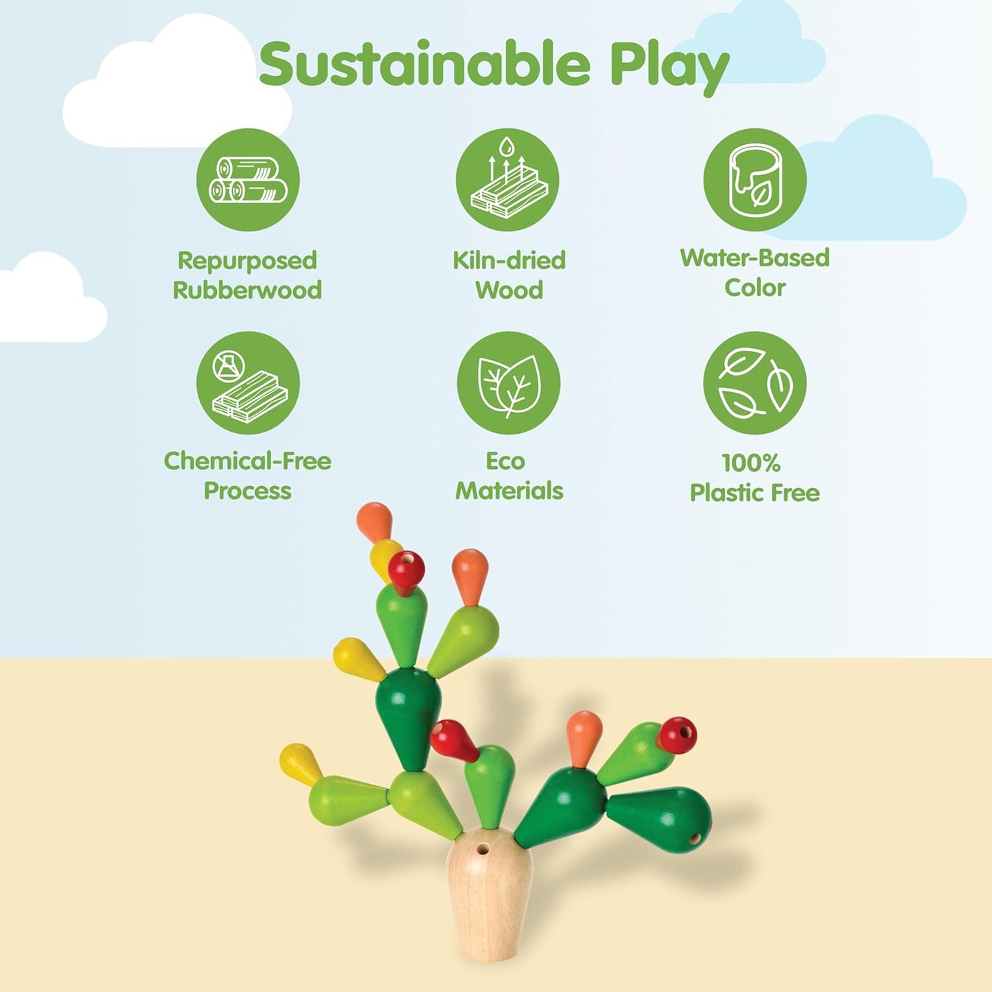 PlanToys® Balancing Cactus | Montessori Wooden Toy for Toddlers | STEM Game for Fine Motor Skills, Logic & Coordination | Eco-Friendly Educational Toy for Kids Ages 3+
