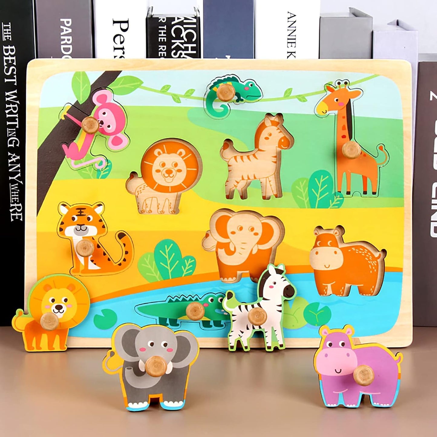 Wooden Puzzles for Toddler Peg Puzzle Toys, Wooden Jigsaw Puzzles Zoo Animal Patterns Puzzle with Handles Educational Montessori Puzzles