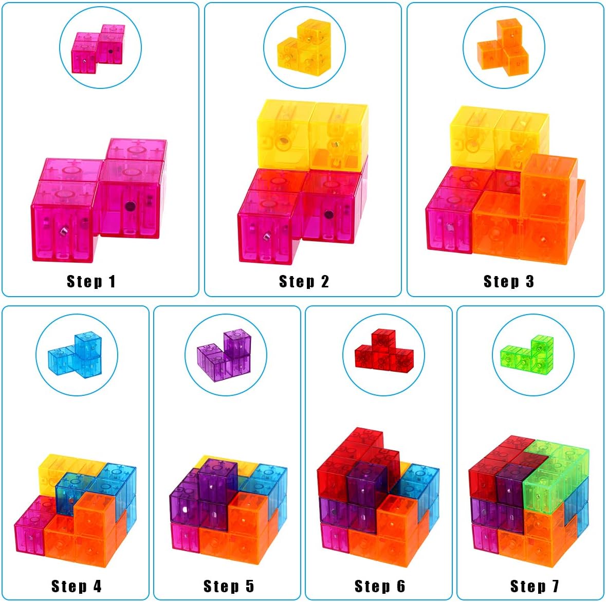 Magic 3D Puzzle Cubes, Set of 7 Multi Shapes Magnetic Blocks with 54 Guide Cards, Intelligence Developing and Stress Relief Fidget Toys