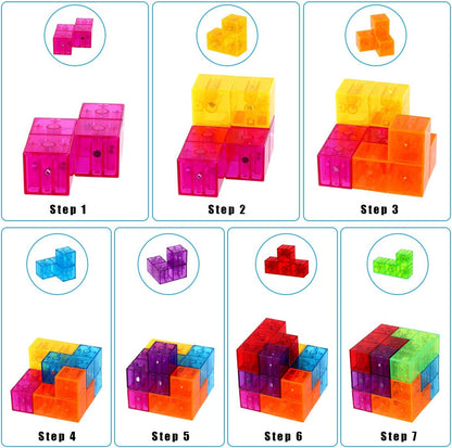 Magic 3D Puzzle Cubes, Set of 7 Multi Shapes Magnetic Blocks with 54 Guide Cards, Intelligence Developing and Stress Relief Fidget Toys
