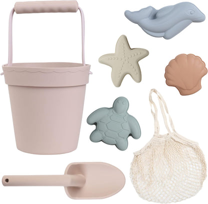 BLUE GINKGO Silicone Beach Toys - Modern Baby | Travel Friendly Toys Set | Silicone Bucket, Shovel, 4 Sand Molds, Beach Bag | Sand Toys for Toddlers, Kids - Yellow