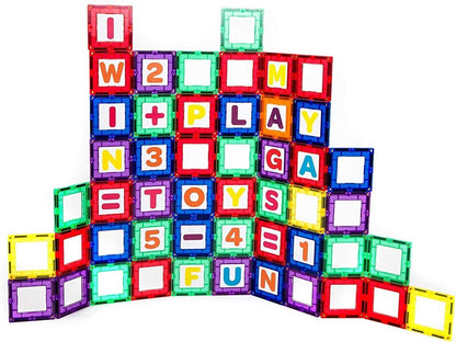 Playmags Magnetic Tile Building Set: Exclusive Educational Clickins – 80-Pc. Kit: 40 Super Strong Clear Color Magnet Tiles Windows & 40 Letters & Numbers – Stimulate Creativity & Brain Development