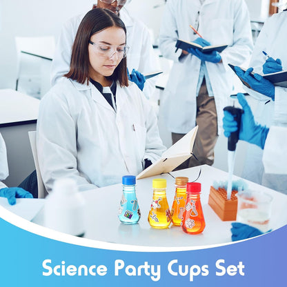 Jingmore 36 Pcs Science Party Theme Cups Set with Silly Loop Straws Science Stickers Plastic Reusable Small Conical Flask Bottles Test Tubes for Birthday Party Decorations(Spherical Bottles)