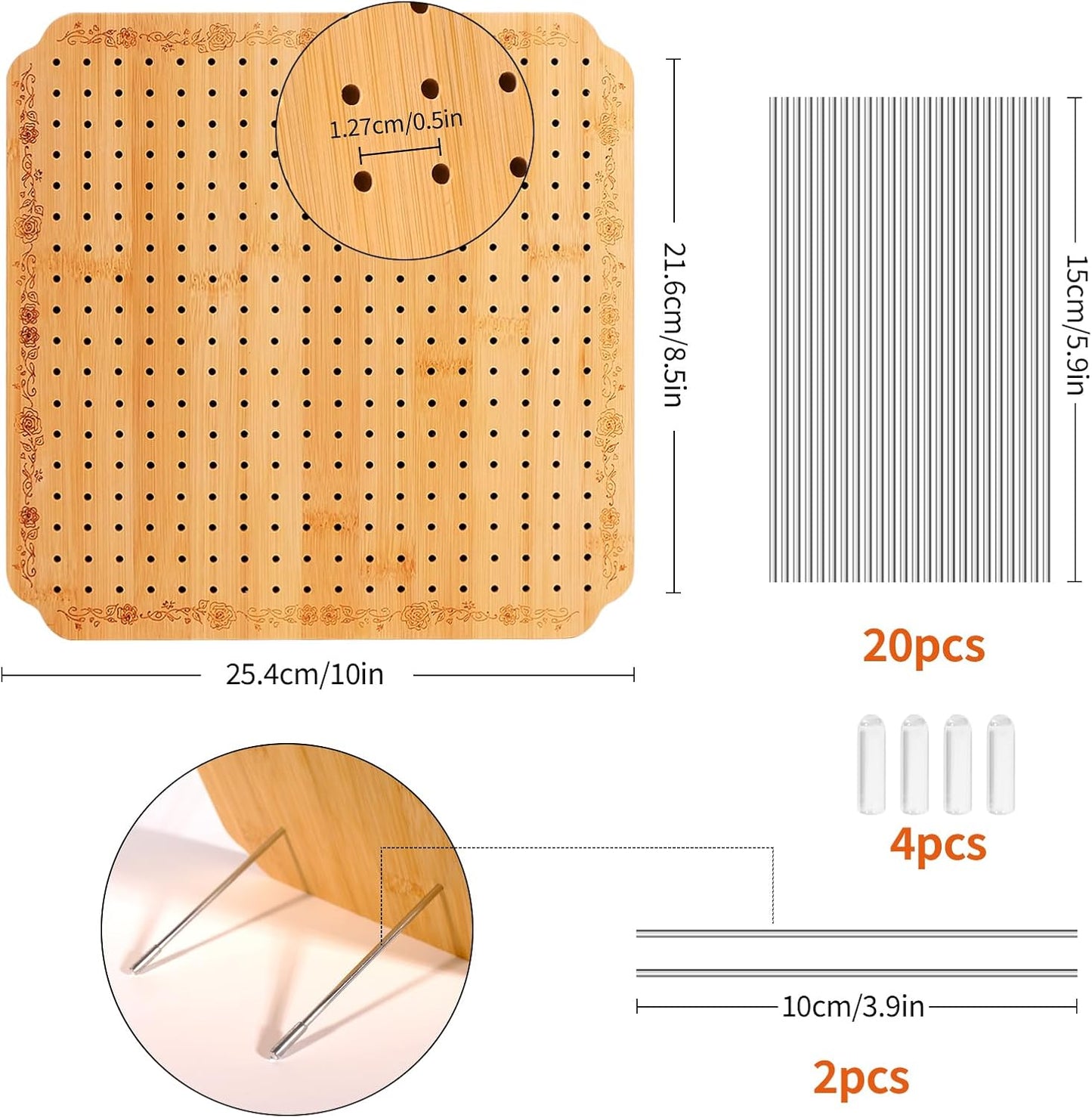 CraftyManor 7.6 in Blocking Boards for Crochet Projects with Rose Pattern, Crochet Blocking Board with Pegs, Granny Square Blocking Board with 20 Stainless Steel Pegs, Bamboo