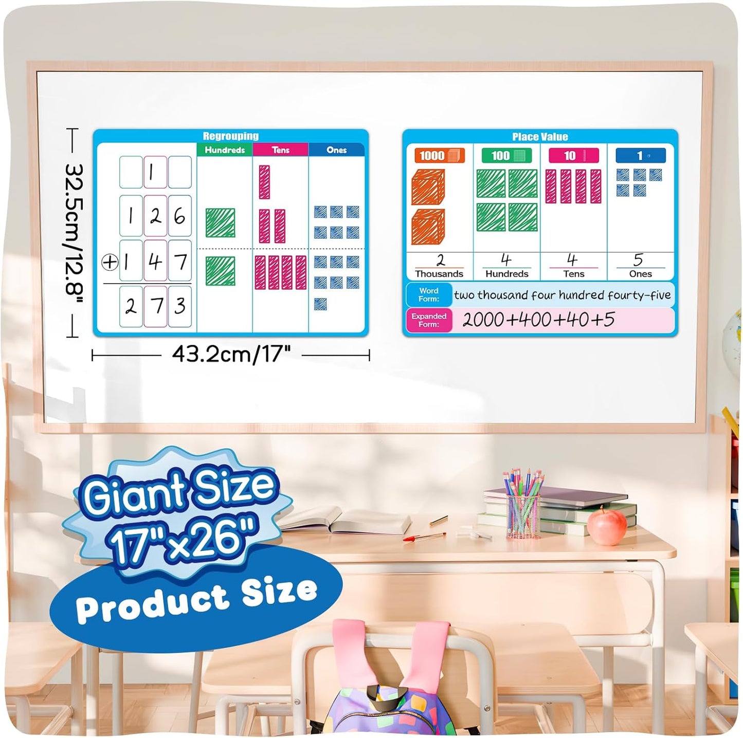 Giant Magnetic Place Value Chart Addition and Subtraction Learning Math Games, Dry Erase Base Ten Blocks Board Math Manipulatives 1st 2nd 3rd Grade Homeschool Teacher Classroom Must Haves
