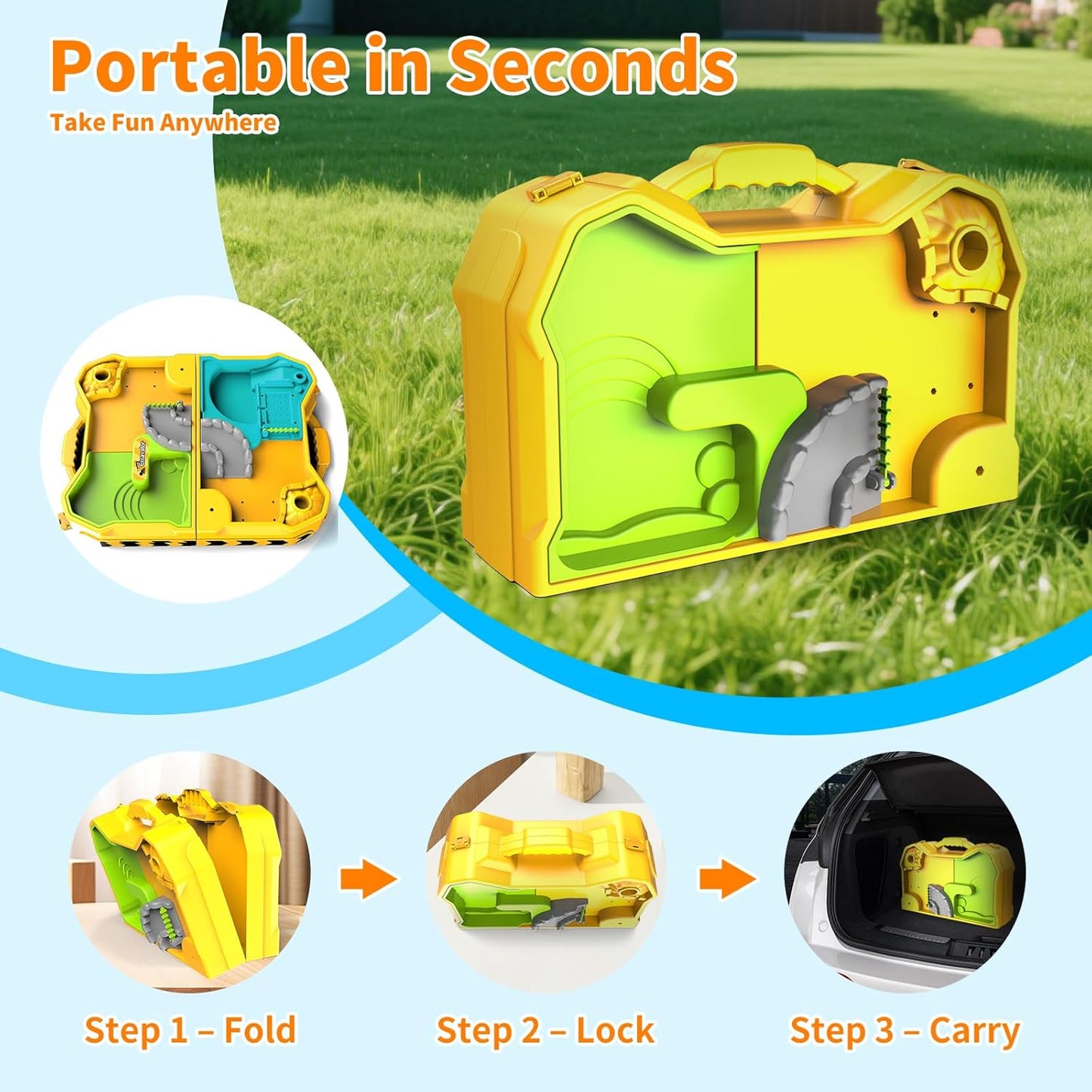 Construction Sand Kit with Foldable Sandbox Case - 1.1lbs Sensory Play Sand, 4 Alloy Trucks & Molds - Mess-Free Travel Beach Toys for Toddlers 3-5, Portable Dry-Wet Separation Design