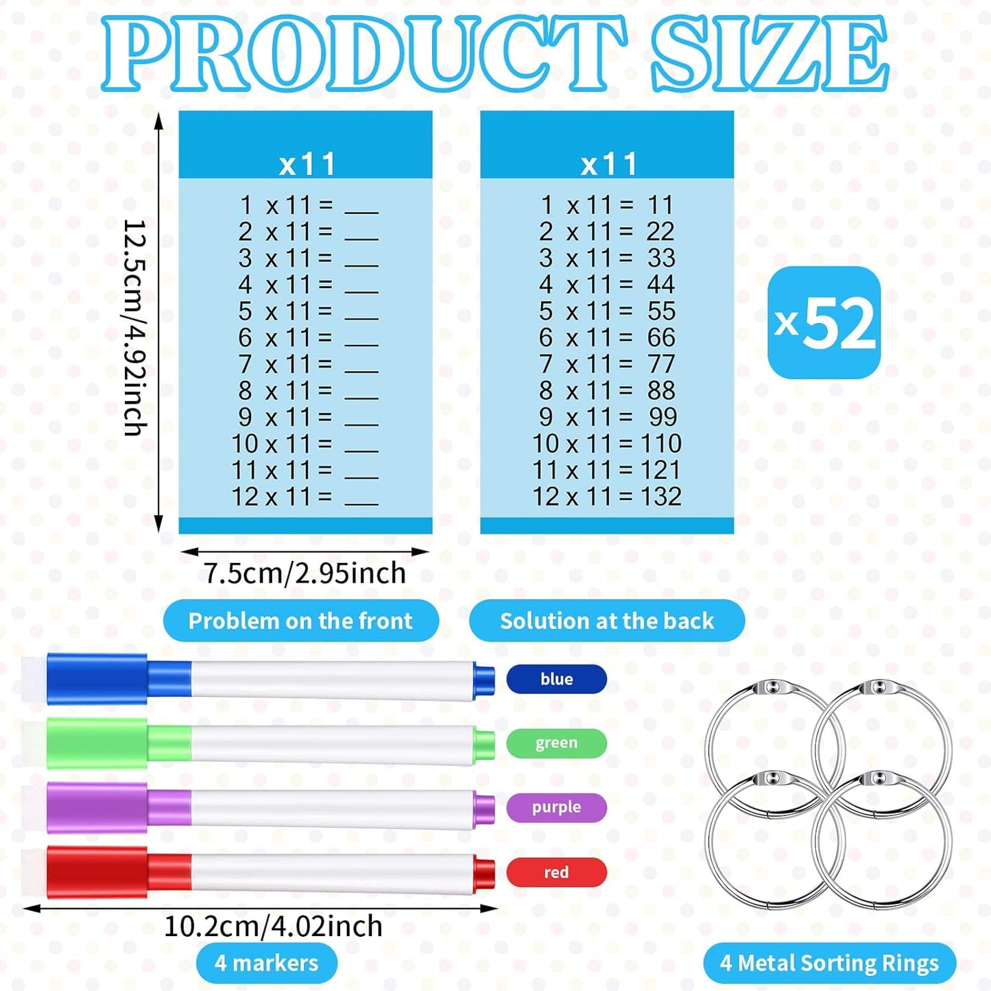 Geyee 52 Pieces Multiplication Flash Cards Times Table Card for 1st to 3rd Grade Kids with 4 Dry Erase Markers and 4 Rings Set Math Flash Cards Educational Times Table Flashcards Learning Supplies