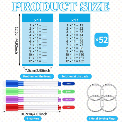 Geyee 52 Pieces Multiplication Flash Cards Times Table Card for 1st to 3rd Grade Kids with 4 Dry Erase Markers and 4 Rings Set Math Flash Cards Educational Times Table Flashcards Learning Supplies