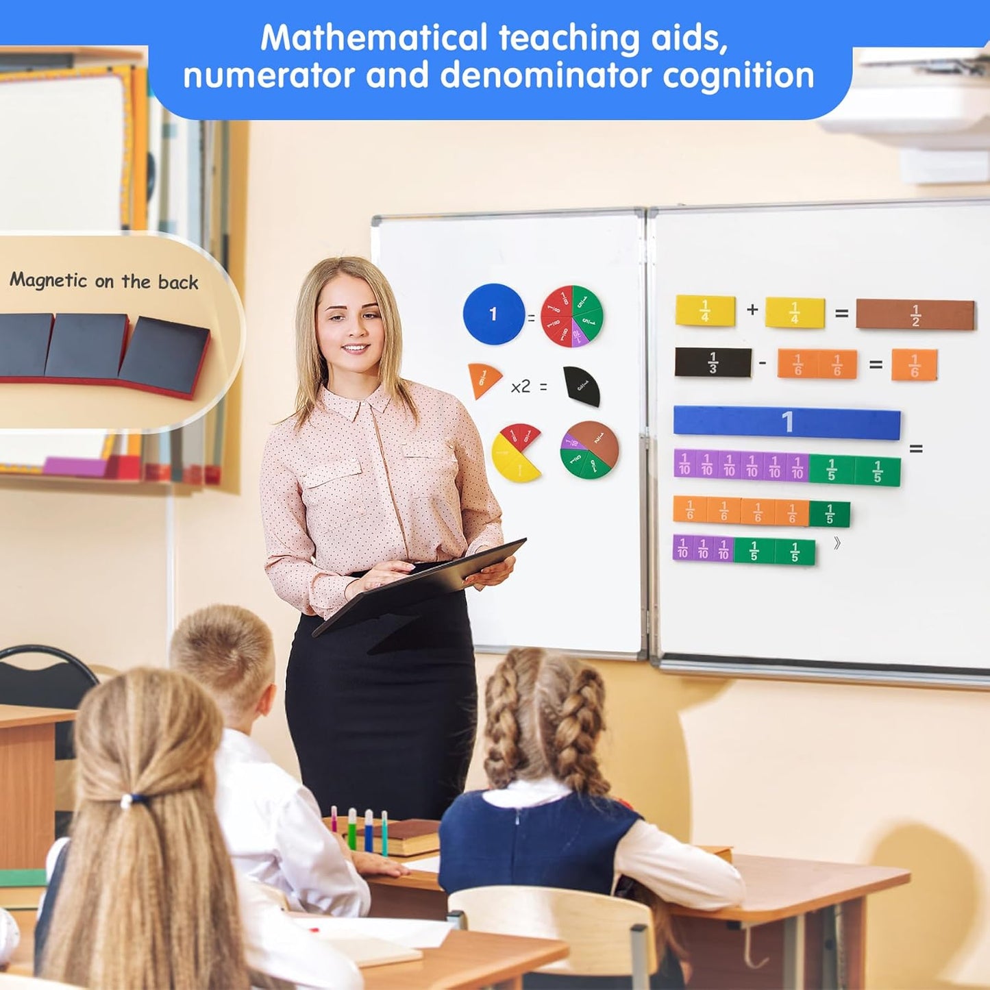 TOMMYHOME Magnetic Fraction Tiles for Kid's Maths Classroom Toys.Standing Teaching aids for Primary classrooms.Help Kids Learn Fractions (R+Rectangular)