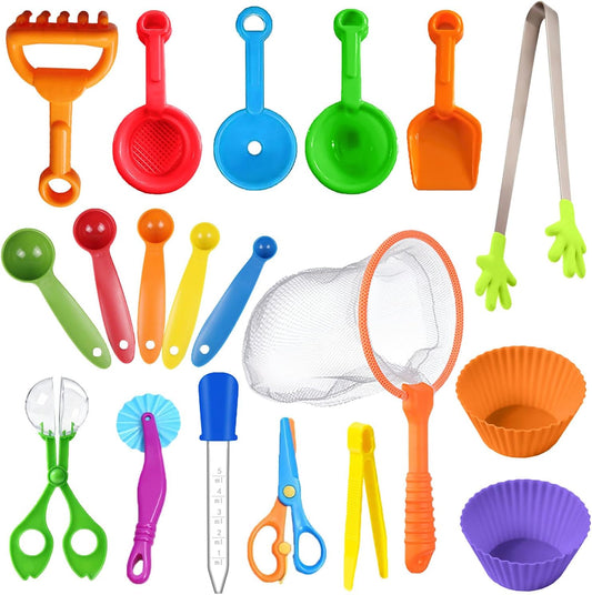 19 Pieces Sensory Bin Filler, Sensory Bin Tools Set with 5 Scoops, Tweezers, Mini Silicone Tong, Scissors Clip, Dropper, Beach Shovels, Funnel, Sensory Bin Accessories Tools