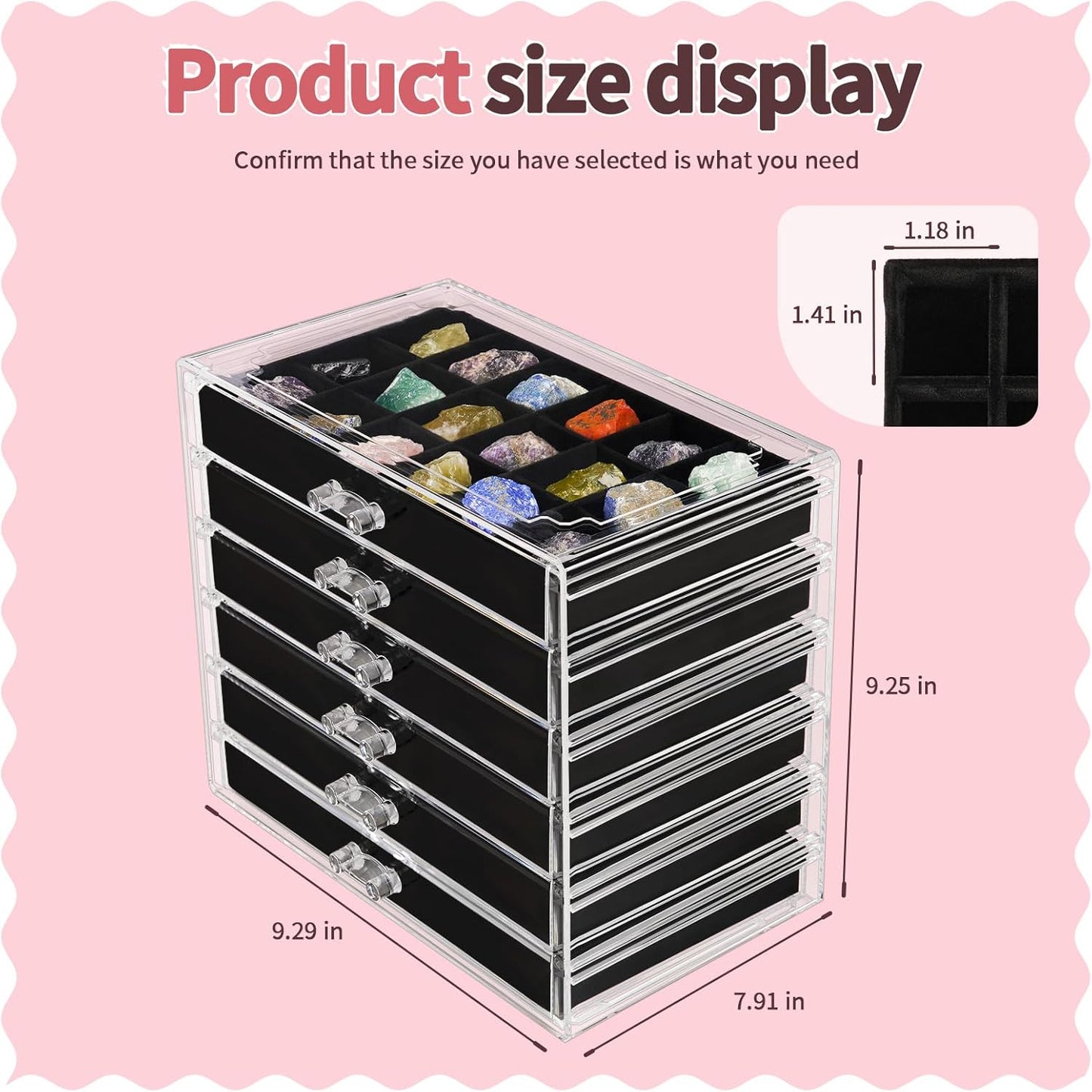 Bfttlity Acrylic Rock Display Case,54 Grids Rock Collection Box for Kids with Mini Magnifying Glass and Gloves, Clear Display Cases for Stones Collectibles Gemstone Crystals Storage Boxes