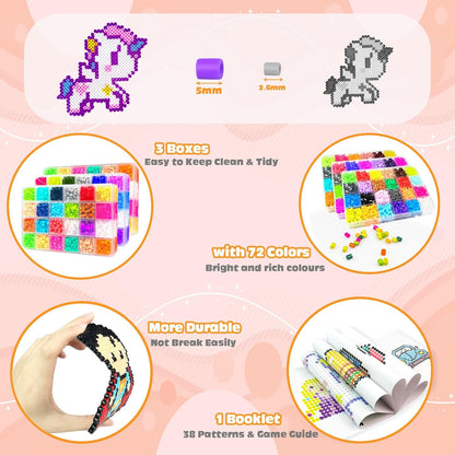 Fuse Beads Kit - 72 Colors 5mm Fuse Beads Set with Pegboards, Ironing Papers and Accessories, Fuse Beads 3 Boxes, DIY Craft Kits for Kids, Arts and Crafts Gifts for Girls & Boys Christmas Birthday