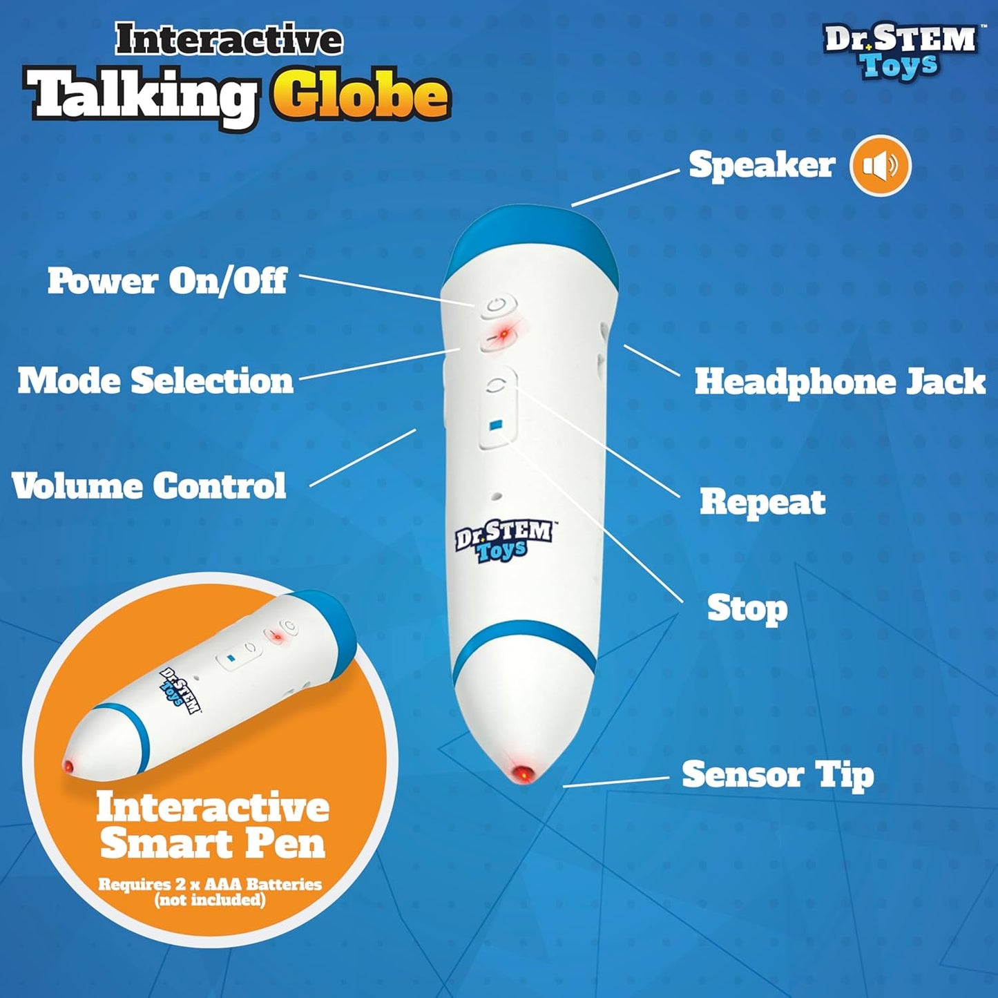 Dr. STEM Toys Interactive Talking Globe with Smart Pen, Game Panel, 300+ Geographic Quiz Questions, Touch & Learn, Music, and More - Educational Toy for Kids Ages 6+